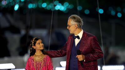 Italian tenor Andrea Bocelli performs with Mira Singh from Dubai, during the Expo 2020 opening ceremony on September 30, 2021. Mahmoud Khaled / Expo 2020 Dubai