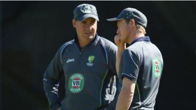 Under the cosh, George Bailey, right, and coach Mickey Arthur have their thinking caps on during a nets session at Edgbaston. Michael Steele / Getty Images