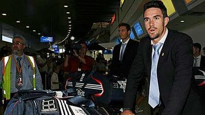 Kevin Pietersen arrives at the Perth airport in Australia ahead of the Ashes series.