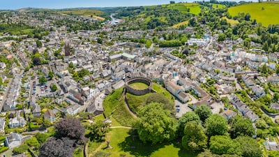 Wide angle view over Stone Keep in Totnes, Devon