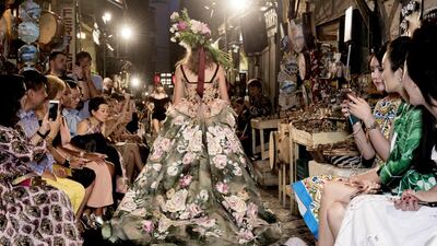 Ruffle-fronted ballgowns and 1950s tea dresses recalled Sophia Loren’s on-screen costumes, while Oriental gowns, kaftans, capes and romantic headdresses added to the Alta Moda dream. Courtesy Dolce & Gabbana