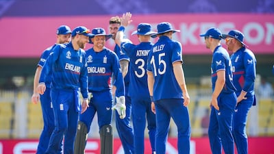 England players celebrate the wicket of Bangladesh's Najmul Hossain Shanto during a practice match in Guwahati. AP