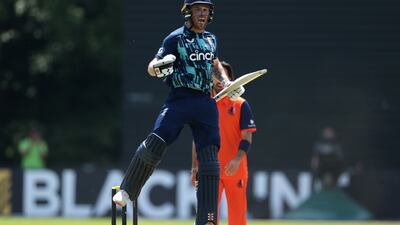 Phil Salt of England celebrates reaching his century. Getty Images