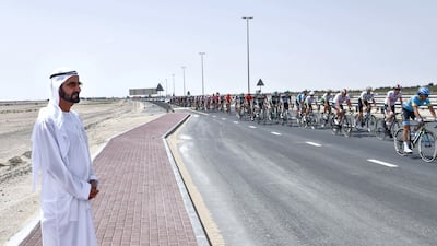 The Vice President and Ruler of Dubai watches the fourth stage of the UAE Tour, which passed through Al Marmoom Reserve. Wam