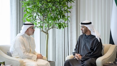 President Sheikh Mohamed meets Sheikh Jarrah Jaber Al Ahmad Al Sabah, Minister of Foreign Affairs of Kuwait. Photo: UAE Presidential Court ---