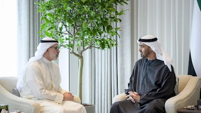 President Sheikh Mohamed meets Sheikh Jarrah Jaber Al Ahmad Al Sabah, Minister of Foreign Affairs of Kuwait. Photo: UAE Presidential Court ---