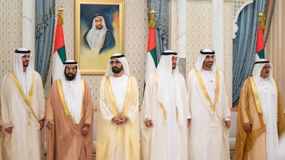 (R-L) Sheikh Hamdan bin Rashid, Deputy Ruler of Dubai and Minister of Finance, Sheikh Saeed bin Zayed, Abu Dhabi Ruler's Representative, Sheikh Mohamed bin Zayed, Sheikh Mohamed bin Rashid and Sheikh Tahnoon bin Mohammed, Ruler's Representative in Al Ain Region, attend a wedding reception of Sheikh Hamdan bin Saeed bin Zayed Al Nahyan, at Qasr Al Watan on March 3. Mohamed Al Hammadi / Ministry of Presidential Affairs