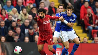 Salah vies with Leicester City's Caglar Soyuncu. AFP