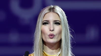 Ivanka Trump, wearing a gold knot-detail Jonathan Simkhai dress, talks during a session at the Global Women's Forum 2020 in Dubai on February 16, 2020. EPA