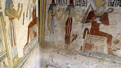 Preserved wall paintings inside the newly discovered burial site, Tomb of Tutu, at al-Dayabat, Sohag, Egypt. REUTERS