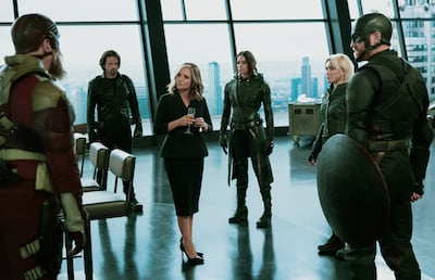 David Harbour, Sebastian Stan, Julia Louis-Dreyfus, Hannah John-Kamen, Florence Pugh and Wyatt Russell in Thunderbolts*. Photo: Marvel