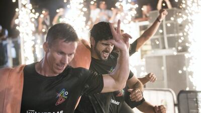 Crown Prince of Dubai, Sheikh Hamdan bin Mohammed, with his team, F3, after winning on the final day of the Dubai Government Games held at Kite Beach, Dubai. Reem Mohammed / The National
