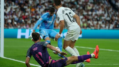 Espanyol's Jofre Carreras sees his cross deflected into his own net by Real Madrid goalkeeper Thibaut Courtois. EPA