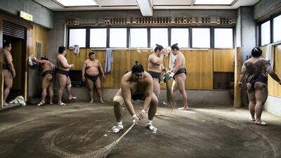 Sumo wrestlers of the Hakkaku stable prepare the ring during a training session in Tokyo, Japan. EPA