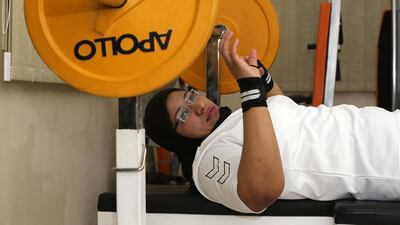 Ansaf Sohail Saeed during her weightlifting practice at the Ajman Club for Disabled in Ajman. Pawan Singh / The National