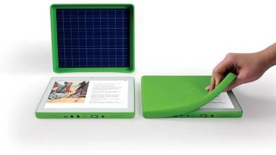 One Laptop Per Child's XO-3 has a jaunty green cover with a solar power option. Courtesy of One Laptop Per Child