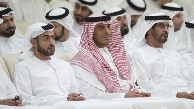 Sheikh Nahyan bin Saif bin Mohamed Al Nahyan, left, and Sheikh Tariq bin Faisal Al Qassimi, centre, at the lecture. Hamad Al Kaabi / Crown Prince Court - Abu Dhabi