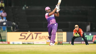 Kieron Pollard smacked a seven-ball 26 not out to lead New York Strikers to victory against Delhi Bulls in the Abu Dhabi T10 at Zayed Cricket Stadium on Thursday, December 1, 2022. Photo: T20