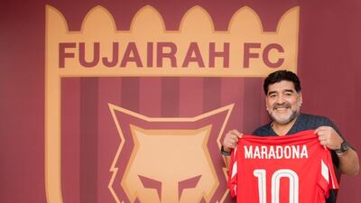 Diego Maradona with his Fujairah shirt after being named the club's new manager. @Fuj_FC / Twitter