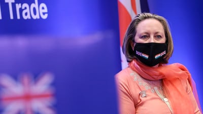 British Secretary of State for International Trade Anne-Marie Trevelyan speaks to the media during the launch of free trade agreement negotiations between the UK and India in New Delhi. Reuters