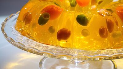  Jell-o salad from the United States: a congealed "salad" from the 1960s, which is made from flavoured gelatin and fruit, but that can also be made using cottage cheese, cream cheese, marshmallows, nuts, pretzels, carrots, olives and mayonnaise. Photo by Anja Barte Telin