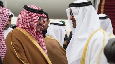 Sheikh Mohammed bin Zayed is received by Prince Mohammed bin Nayef Al Saud, Crown Prince Deputy Prime Minister and Minister of Interior of Saudi Arabia, upon arriving in Riyadh to attend the GCC Summit. Ryan Carter / Crown Prince Court - Abu Dhabi
