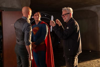 James Gunn, right, with David Corenswet and Nocholas Hoult on the set of Superman. Photo: Warner Bros Pictures