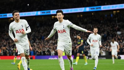 Son Heung-Min of Tottenham Hotspur celebrates after scoring their fourth goal against Newcastle United from the penalty spot at the Tottenham Stadium on November 10, 2023. Getty Images