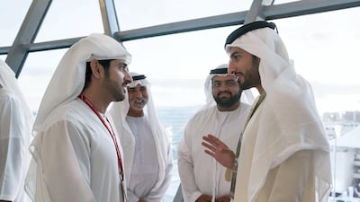 Sheikh Hamdan, Sheikh Nahyan bin Mubarak, UAE Minister of State for Tolerance, Sheikh Mohammed bin Hamad, Crown Prince of Fujairah, and Sheikh Rashid bin Humaid, attend the final day of the Formula 1 Etihad Airways Abu Dhabi Grand Prix, at Shams Tower. Mohamed Al Hammadi / Crown Prince Court - Abu Dhabi