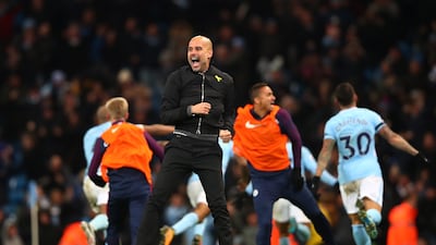 Pep Guardiola celebrates Manchester City scoring against Southampton in a Premier League match on November 29, 2017, at Etihad Stadium. Getty Images