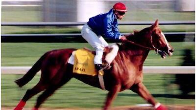 Pat Valenzuela works Arazi at Churchill Downs in 1991. The jockey described the horse's run as 'the fastest turn of foot I've ever experienced'. Chris Wilkins / AFP