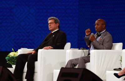 Mohamed Oun, Libya's Minister of Gas and Oil, left, and Omar Farouk Ibrahim, Secretary General of the African Petroleum Producers' Organisation, at the Libyan Energy and Economy Summit. EPA