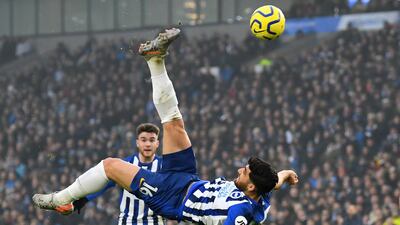 Brighton & Hove Albion's Alireza Jahanbakhsh scores against Chelsea on Wednesday. Reuters