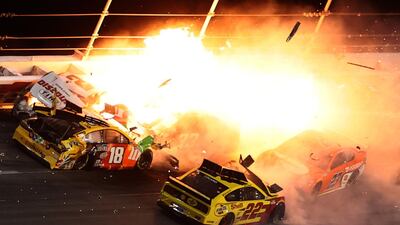 A huge pile-up during the final lap of the Nascar Daytona 500 at Daytona International Speedway in Florida on Sunday, February 14. No one was hurt during the crash and the race was won by Michael McDowell. AFP