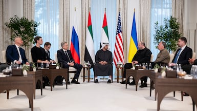 President Sheikh Mohamed receives the heads of delegations from the US, Russia and Ukraine, at Al Shati Palace, Abu Dhabi. UAE Presidential Court