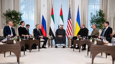 President Sheikh Mohamed receives the heads of delegations participating in the UAE-hosted trilateral talks between Russia, Ukraine and the US at Al Shati Palace. Delegates include Kirill Budanov, Director of the Office of the President of Ukraine, Steve Witkoff, US special envoy, Rustem Umerov, Secretary of the National Security and Defence Council of Ukraine, Igor Kostyukov, Chief of the Main Directorate of the General Staff of the Russian Armed Forces and Jared Kushner