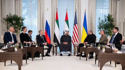 President Sheikh Mohamed receives the heads of delegations from the US, Russia and Ukraine, at Al Shati Palace, Abu Dhabi. UAE Presidential Court