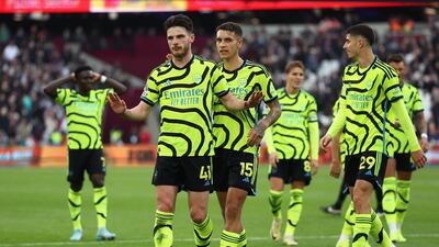 Declan Rice celebrates scoring Arsenal's final goal. Reuters