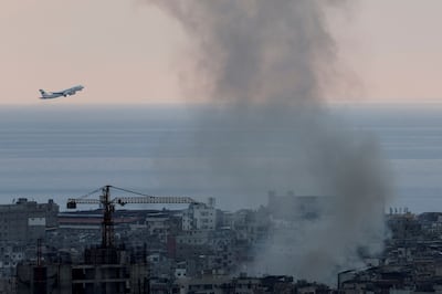 A plane leaves Beirut amid Israeli air strikes. Reuters