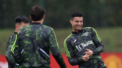 Manchester United's Cristiano Ronaldo with teammates at the Aon Training Complex on Wednesday, October 5, 2022, on the eve of the Europa League clash with Omonia Nicosia. Reuters