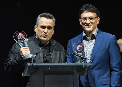 CinemaCon Directors of the Year Award recipients for 'Avengers: End Game' Anthony Russo, right, and Joe Russo speak on stage for the 2019 Big Screen Achievement Awards. AFP