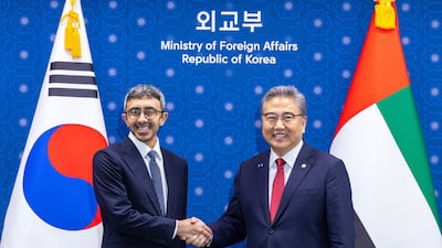 South Korean President Yoon Suk Yeol meets Sheikh Abdullah bin Zayed on Tuesday. EPA