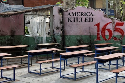 A symbolic 'classroom' memorial to the Minab schoolchildren in a square in Tehran. AFP