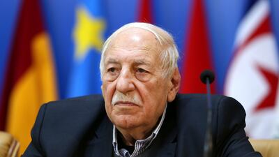 FILE - In this Feb. 21, 2017 file photo, Head of the Popular Front for the Liberation of Palestine-General Command Ahmed Jibril attends a conference in Damascus, Syria. AP