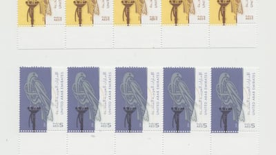 A set of definitive stamps issued in 2013 that illustrates the word ‘Emirates’ in Arabic shaped as a falcon.