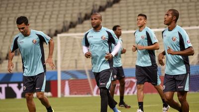 Costa Rica players during the team's training session at the Estadio Castelao stadium in Fortaleza, Brazil, 13 June 2014. Costa Rica will face Uruguay on 14 June in the World Cup 2014. EPA/GEORGI LICOVSKI EDITORIAL USE ONLY