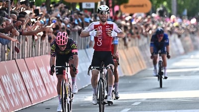 Frenchman Benjamin Thomas after crossing the line to win Stage 5 of the Giro d'Italia, a race over 178km from Genova to Lucca. EPA