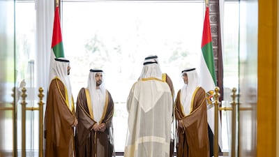 President Sheikh Mohamed speaks with newly appointed UAE ambassadors. Seen with Fahad Al Bishr, UAE ambassador to Uganda; Omar Al Neyadi, UAE ambassador to Costa Rica, and Mohamed Al Khaili, UAE ambassador to Ukraine. Omar Al Askar / UAE Presidential Court