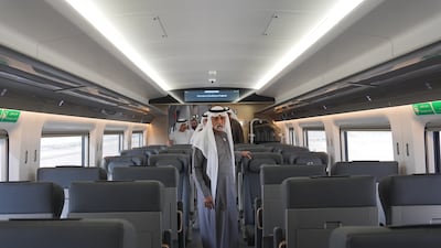 Sheikh Nahyan bin Mubarak, Minister of Tolerance and Coexistence, boards the passenger train from Mohamed bin Zayed City Station to Fujairah. Photo: Abu Dhabi Media Office
