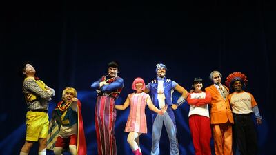 LazyTown characters pose for a group photo after performing an interactive play at the Cartoon Network Zone.